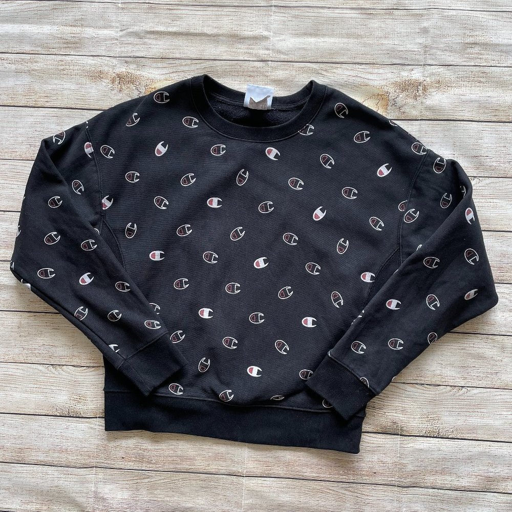 Champion Women's Reverse Weave Crew-Tossed C Logos Black Size Large
